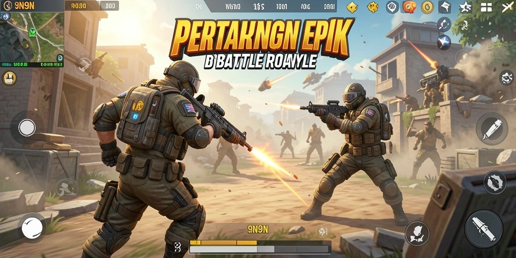 Screenshot utama 9N9N menampilkan aksi seru Battle Royale.