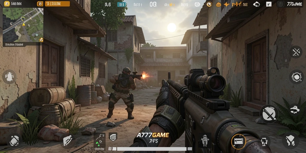 Tampilan utama A777GAME menampilkan aksi FPS yang intens.