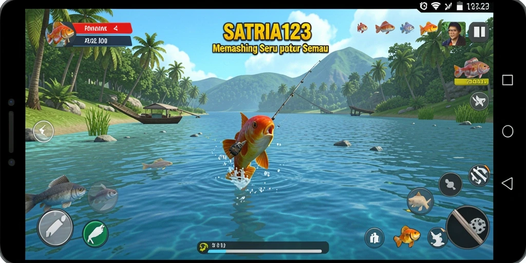 Screenshot utama SATRIA123 menampilkan pemain memancing di tepi danau yang indah.